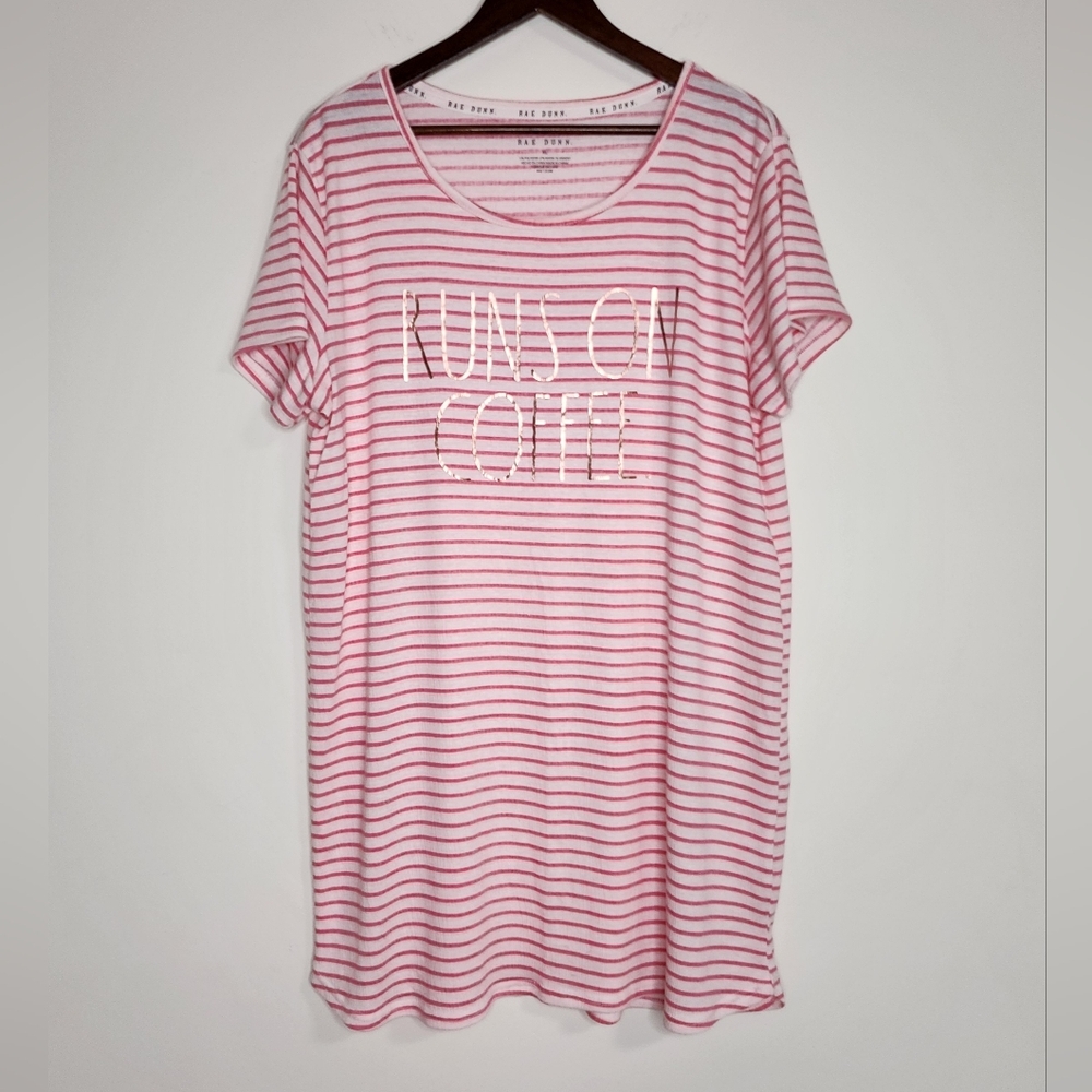Rae Dunn Runs On Coffee Pink & White Striped Oversized Night Shirt XL Sleep Comf